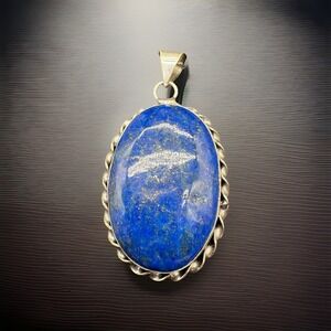 Silver Plated Lapis Lazuli Pendant Oval Roped Bezel Large Blue Stone 24x35mm